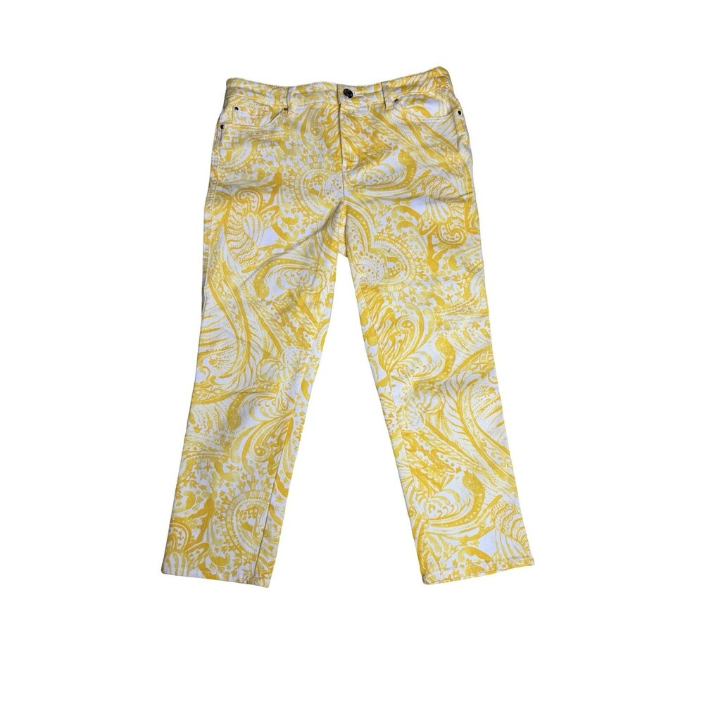 Chico's Perfect Platinum Yellow & White Paisly Print Cropped Pants. Size 0